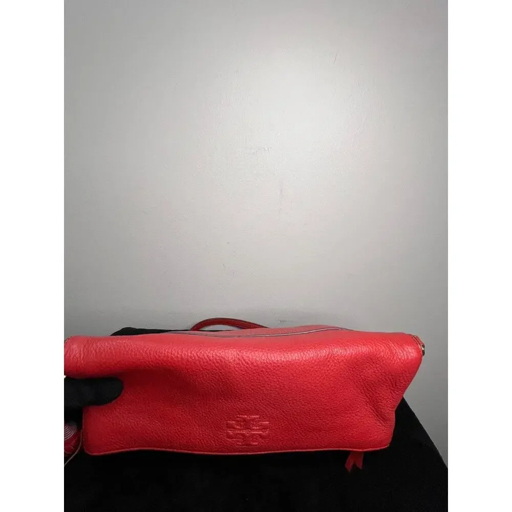 Tory Burch Pebbled Leather Foldover Crossbody Red Coral Tassel Shoulder Purse